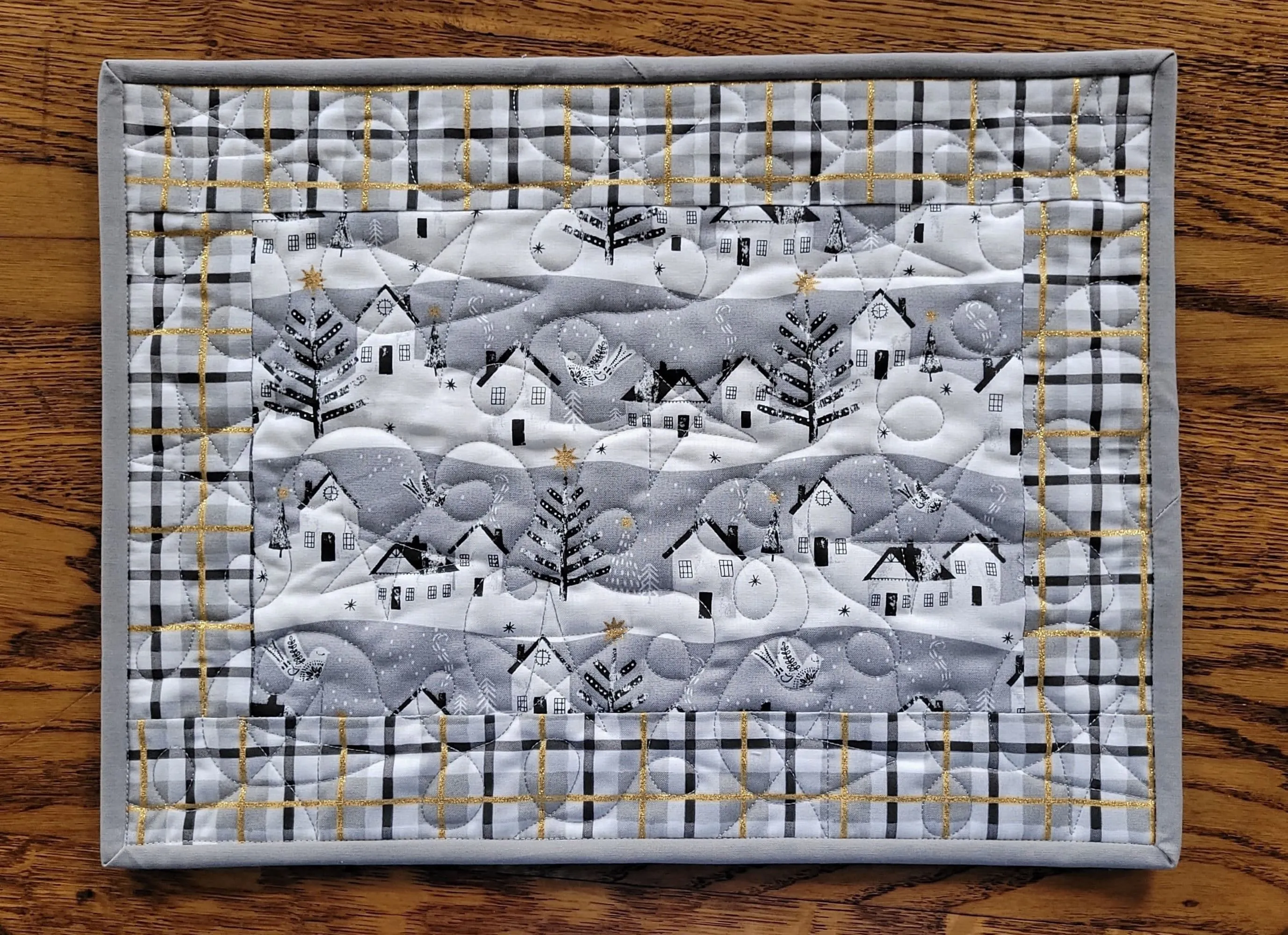 Quilted Winter Placemats | Christmas Table Decor | Snowy Village with Gold Metallic Stars