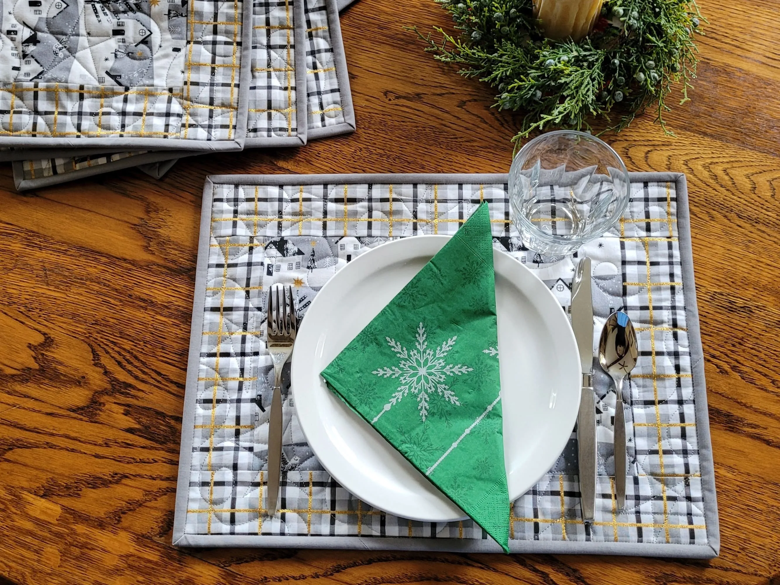 Quilted Winter Placemats | Christmas Table Decor | Snowy Village with Gold Metallic Stars