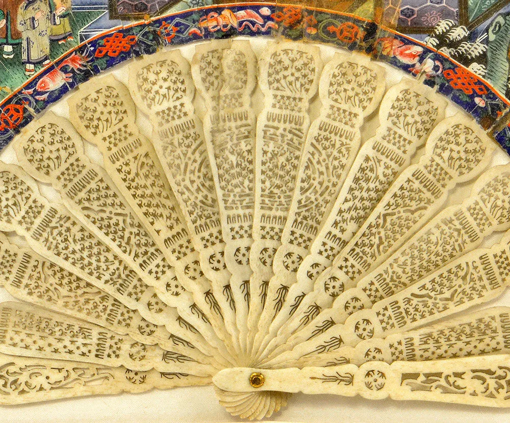 Rare and exquisite antique Chinese painted fan with carved ivory stick handle.