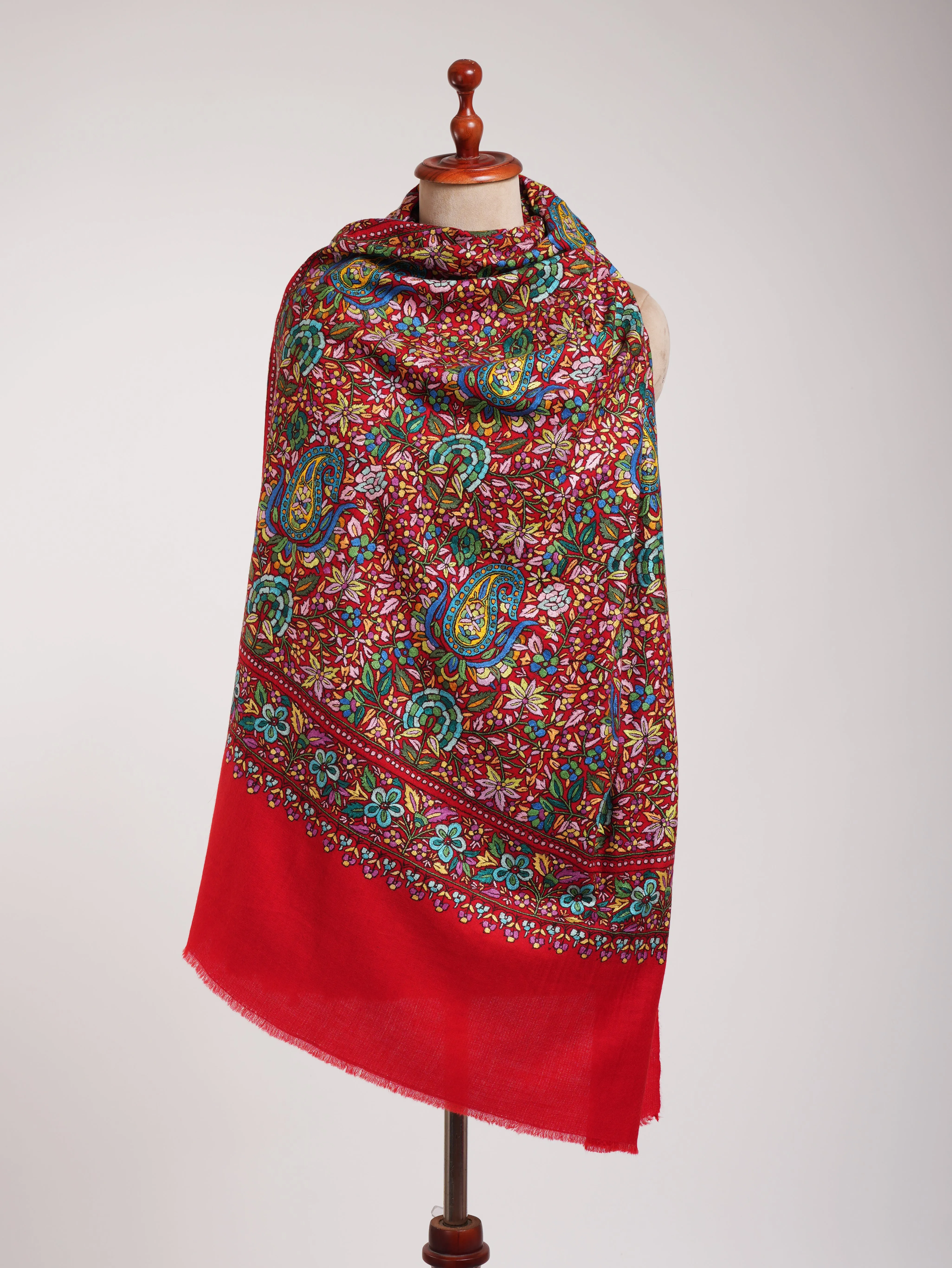 Red Orange Hand Embroidered Kashmiri Pashmina Jamavar Shawl