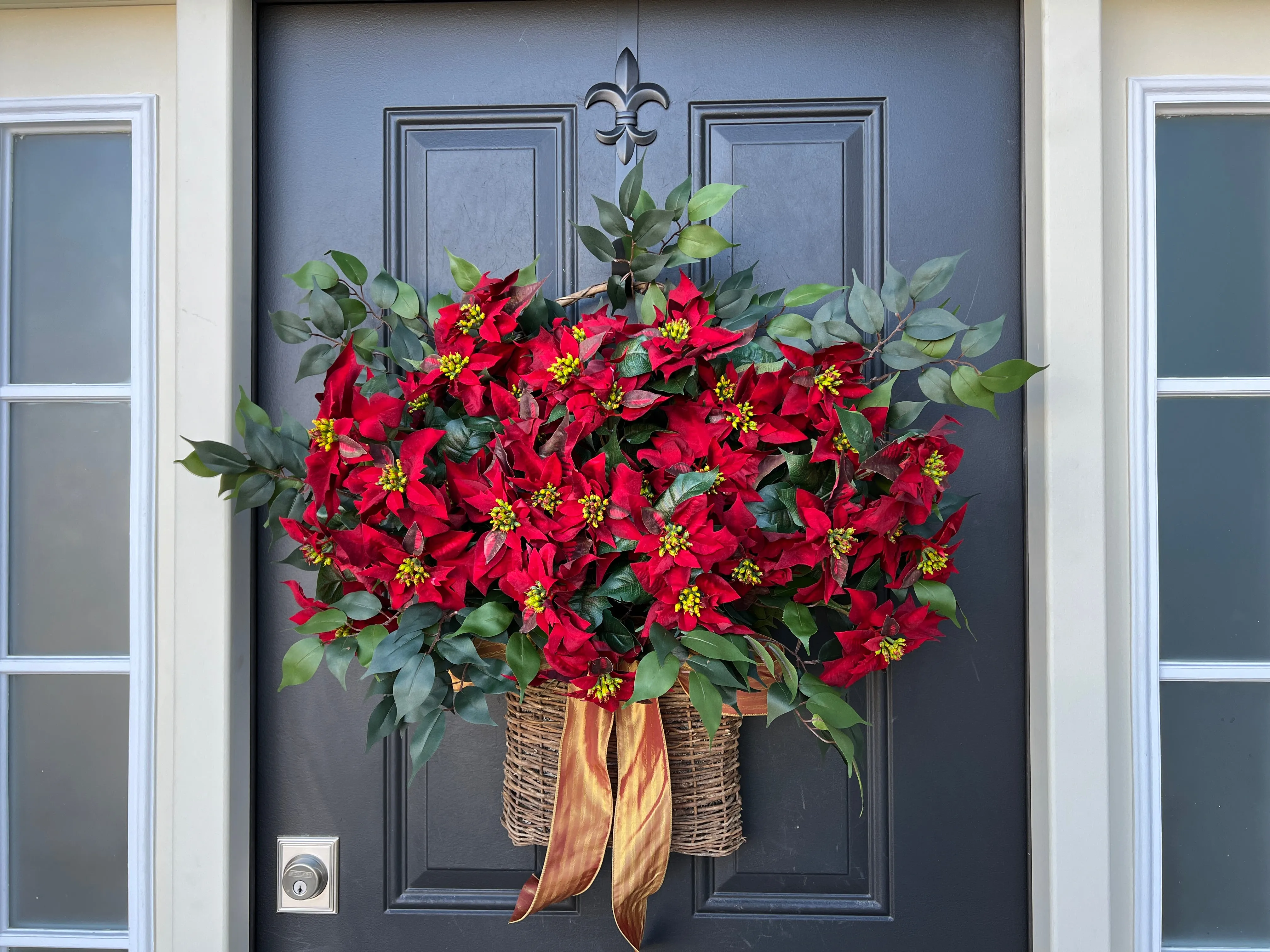 Red Poinsettia Christmas Basket Wreath