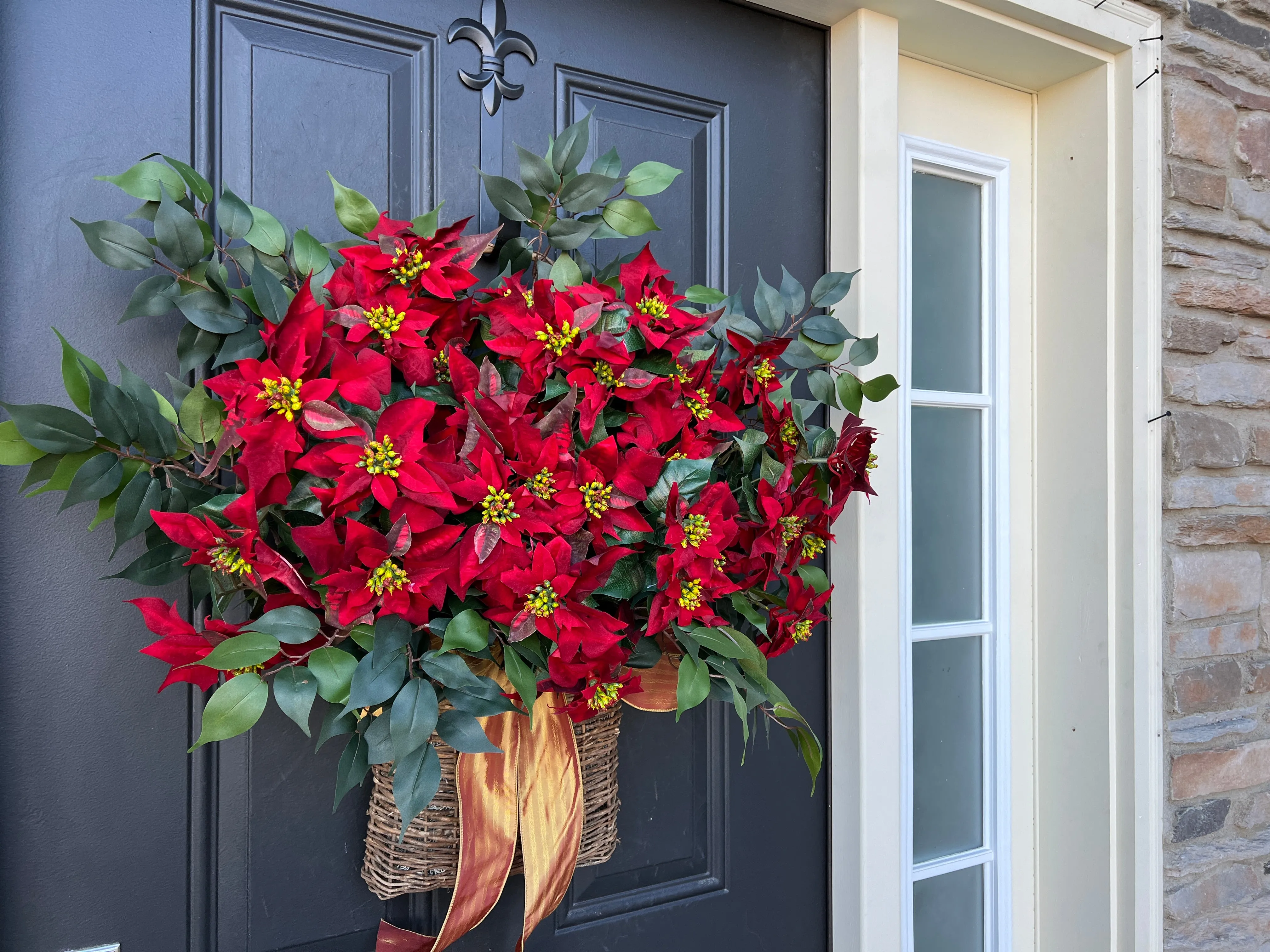 Red Poinsettia Christmas Basket Wreath