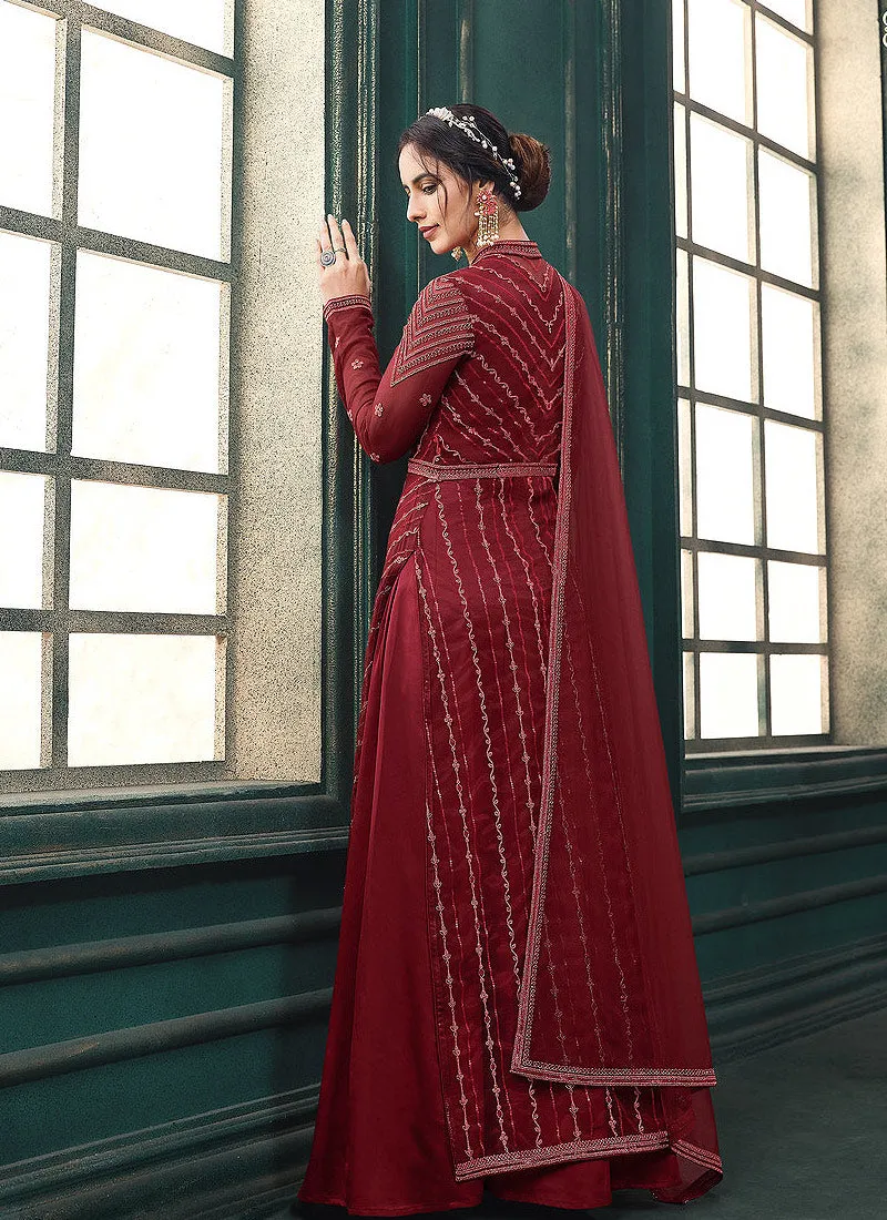 Red Traditional Embroidered Layered Indian Anarkali Suit