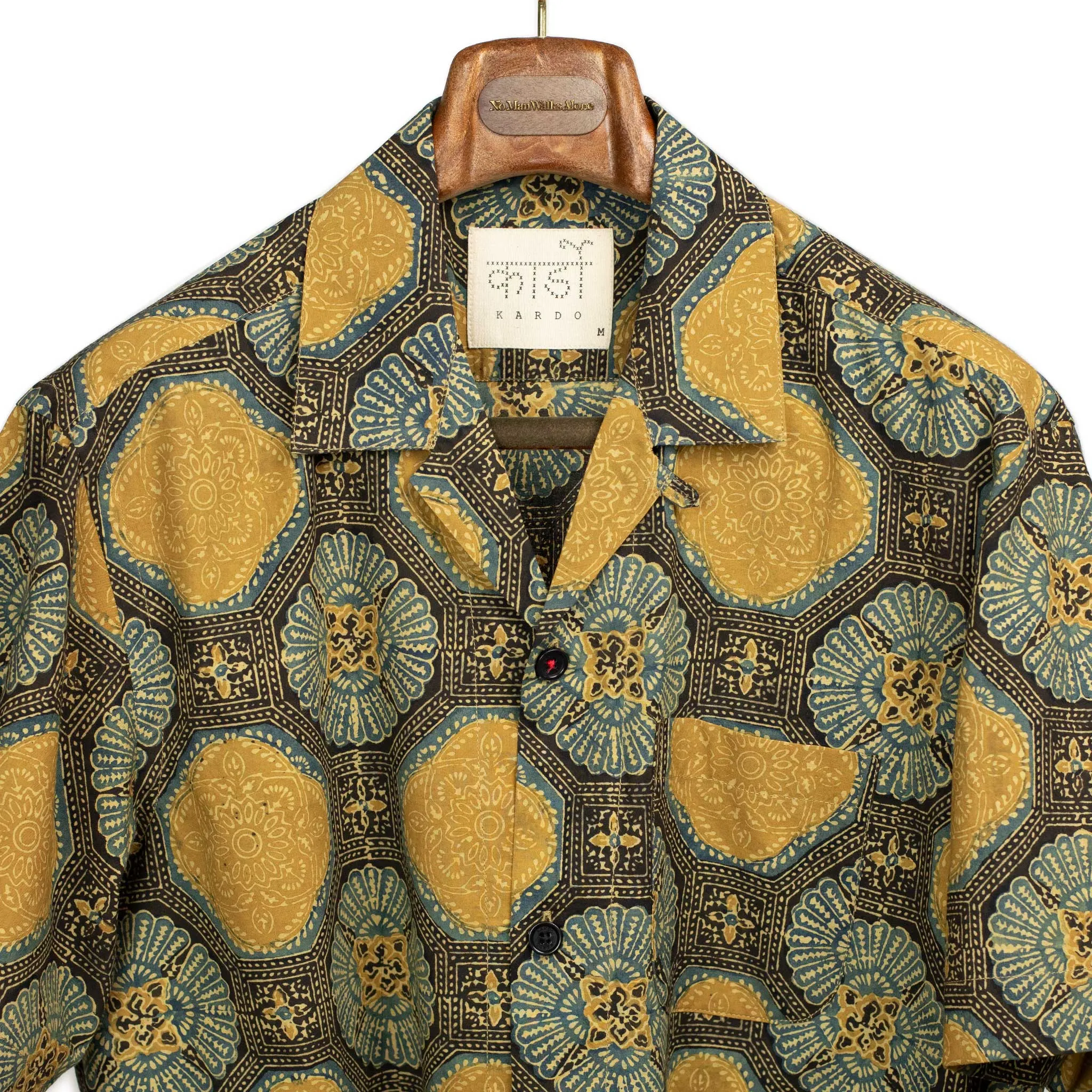 Ronen camp shirt in gold and blue traditional Ajrakh printed cotton