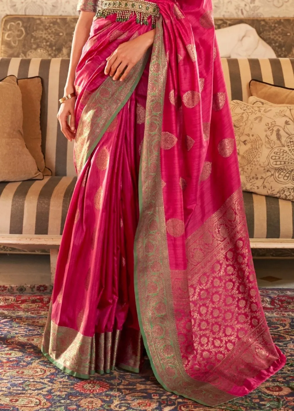 Ruby Pink Woven Banarasi Tussar Silk Saree : Top Pick