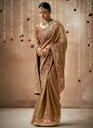 Rustic Brown Multi Embroidery Tissue Silk Saree