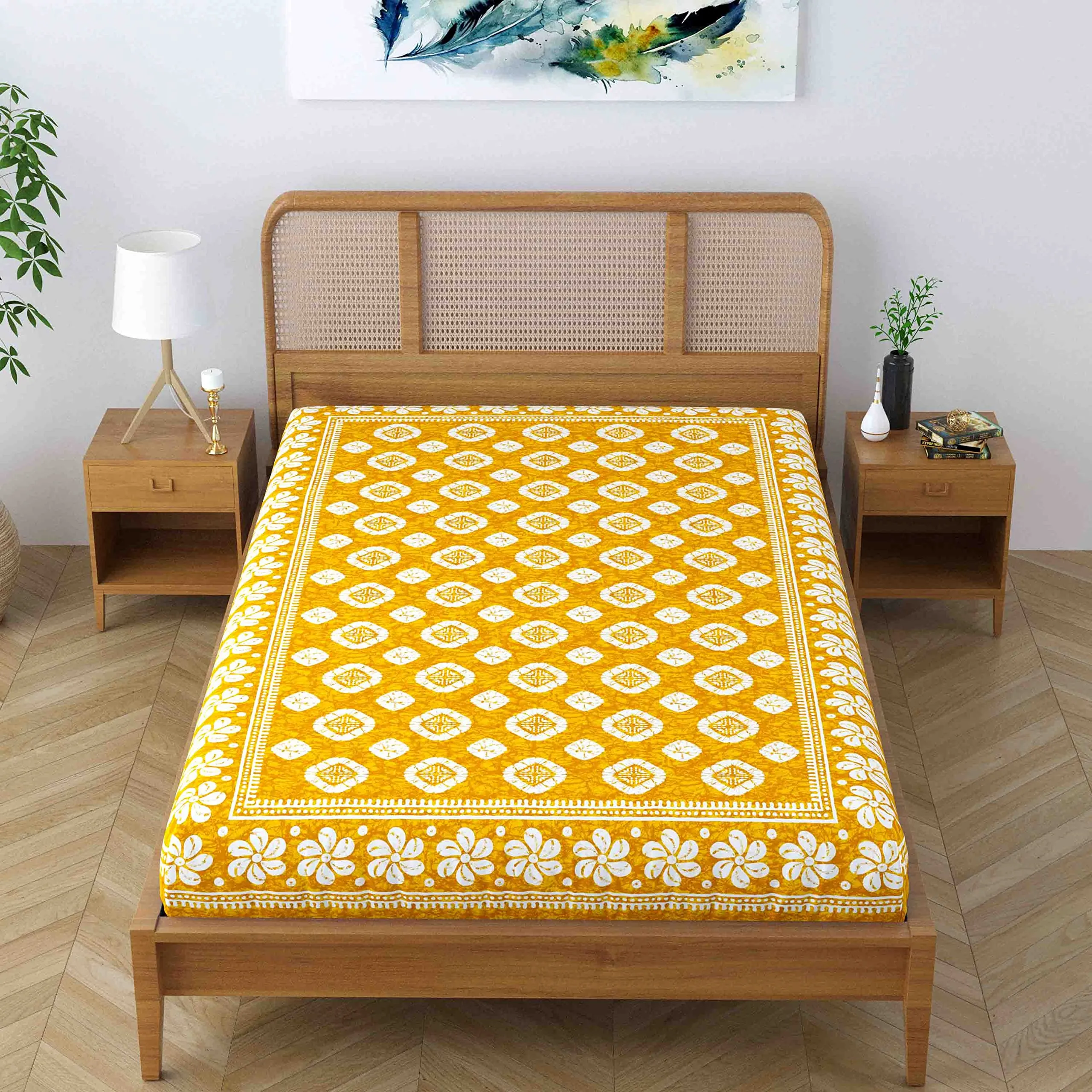 SheetKart Blossoms 100% Pure Cotton Jaipuri Printed Bedsheet for Single Bed, Traditional Ethnic Bed Cover - Yellow