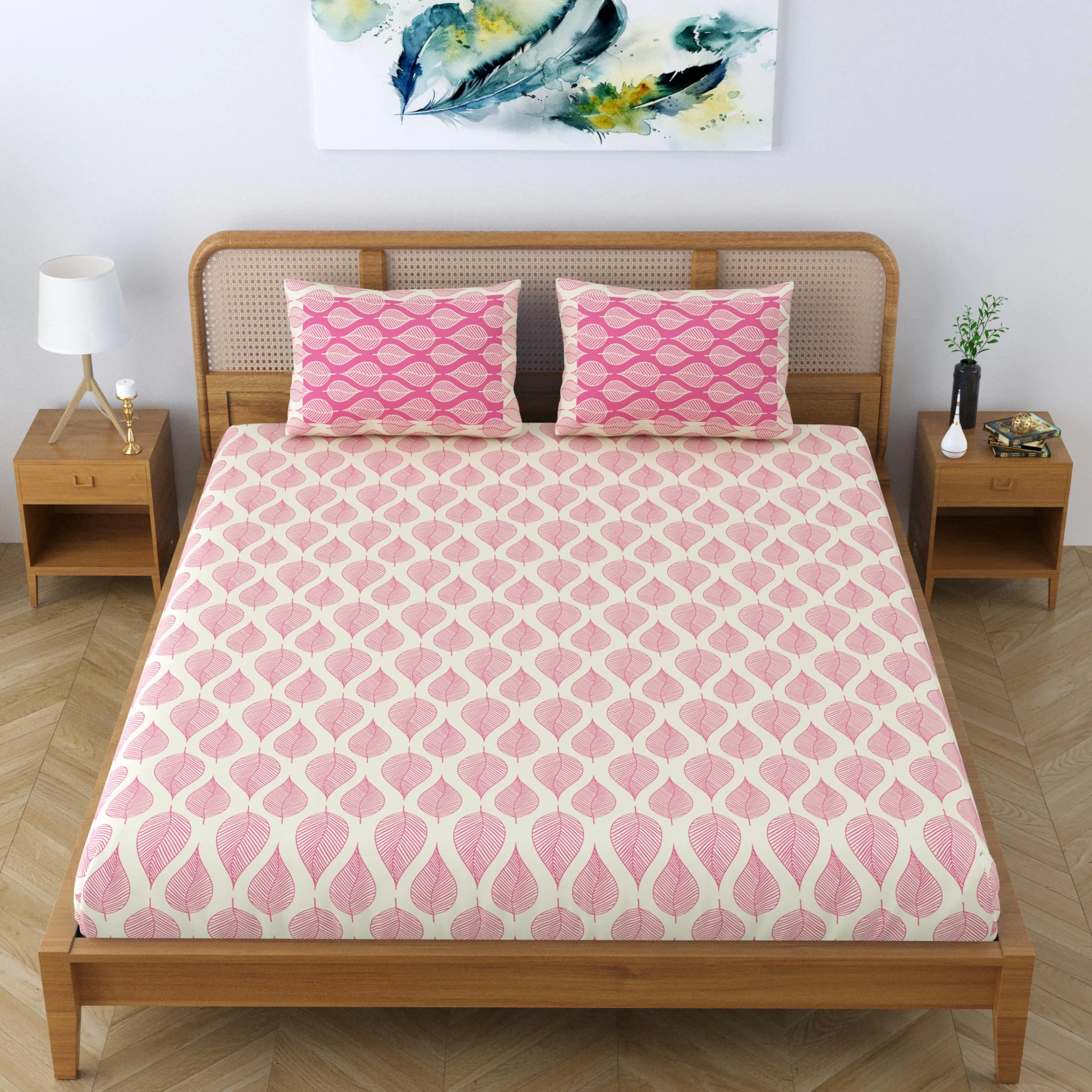 SheetKart Pure Cotton Aspen Leaves Printed Elegant Jaipuri Bedsheet for Double Bed King Size with 2 Pillow Covers - Bright Pink