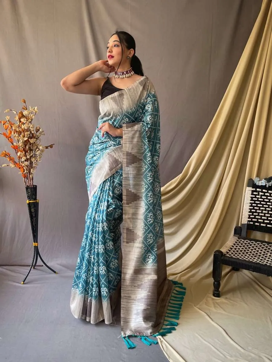 Silk Blue Saree in Cotton Silk Patola Printed Temple Woven