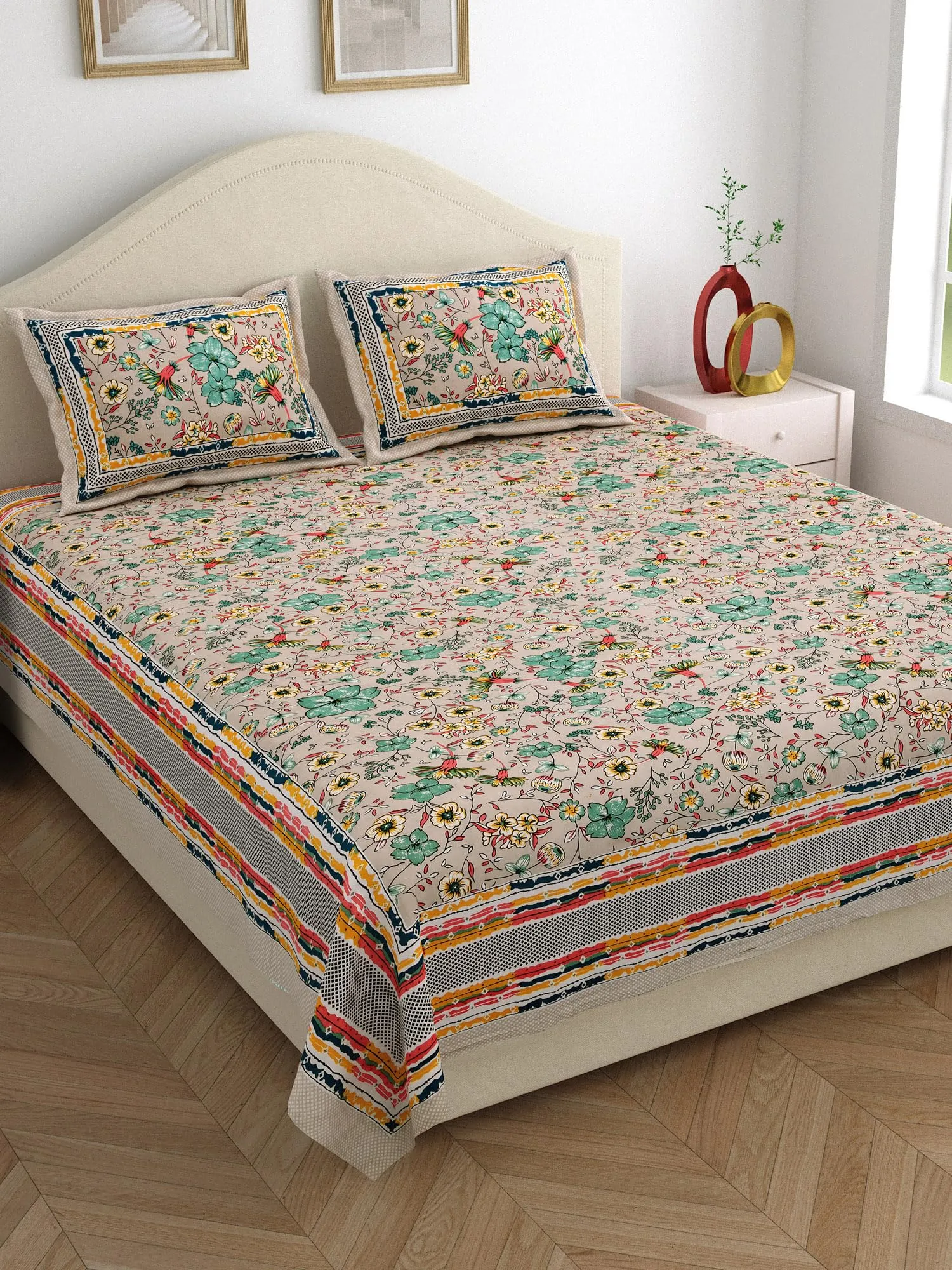 SILVATT King Size Jaipuri Cotton Bedsheet for Double Bed | Size 90x108 Inches (Pastel Bown Floral Print)