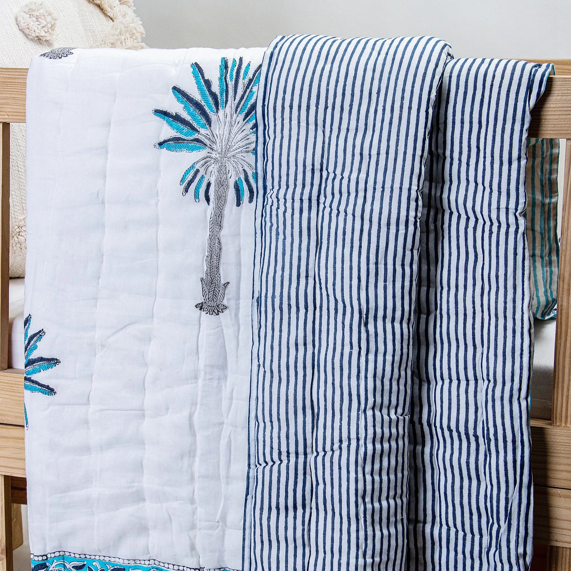 Sky Blue Hand Block Palm Tree Printed Mulmul Cotton Baby Blankets