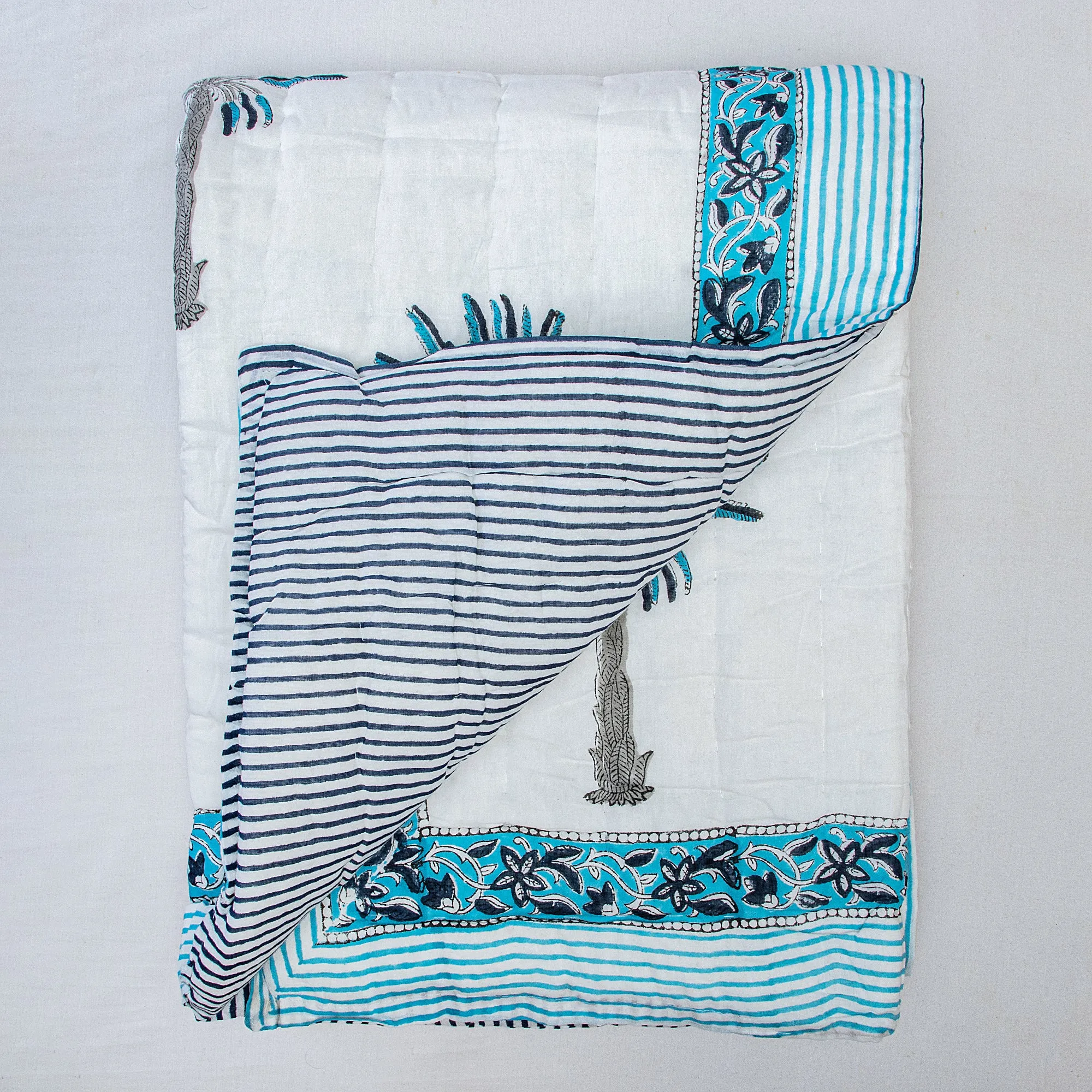 Sky Blue Hand Block Palm Tree Printed Mulmul Cotton Baby Blankets