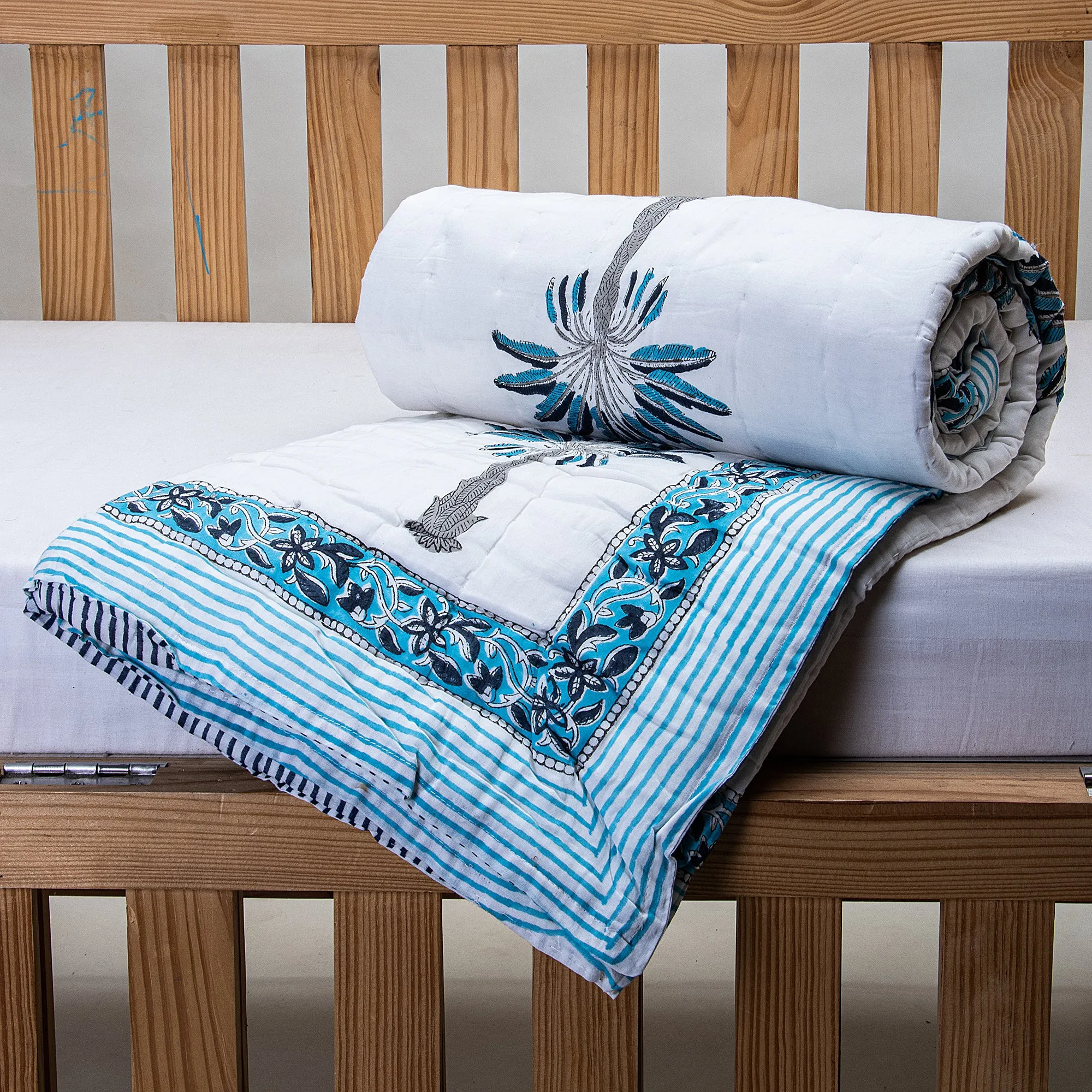 Sky Blue Hand Block Palm Tree Printed Mulmul Cotton Baby Blankets