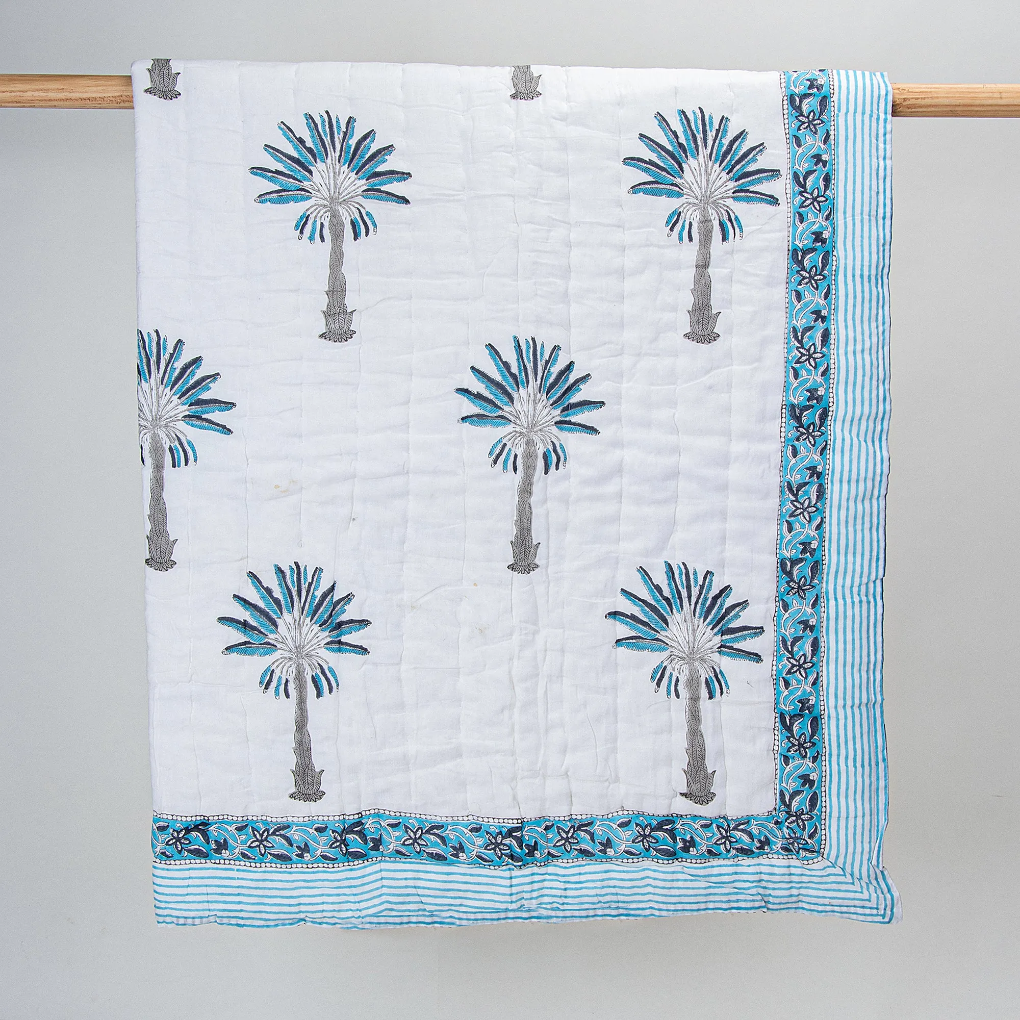 Sky Blue Hand Block Palm Tree Printed Mulmul Cotton Baby Blankets