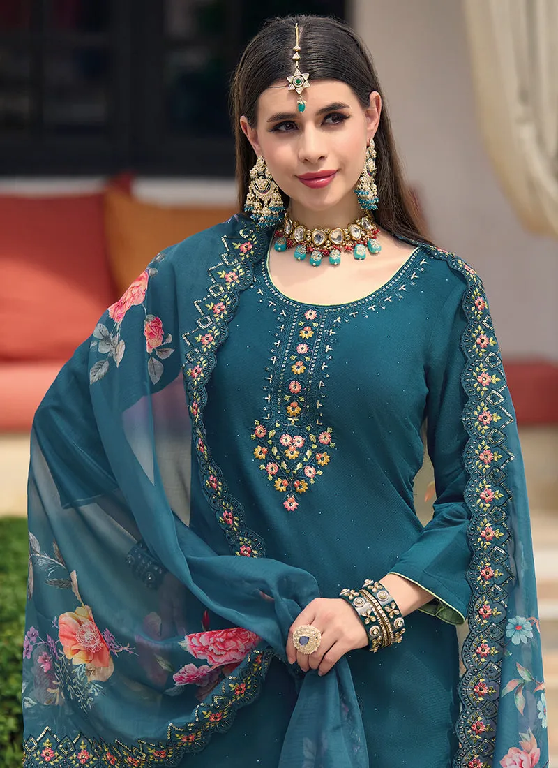 Sky Blue Multi Embroidery Pakistani Pant Style Suit