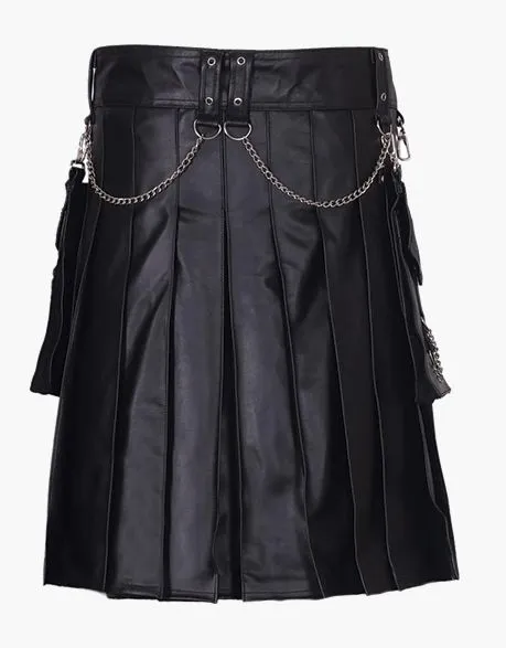 Style Black Leather Kilt Featuring Silver Chains