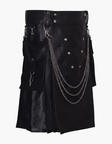 Style Black Leather Kilt Featuring Silver Chains