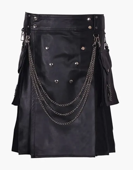 Style Black Leather Kilt Featuring Silver Chains