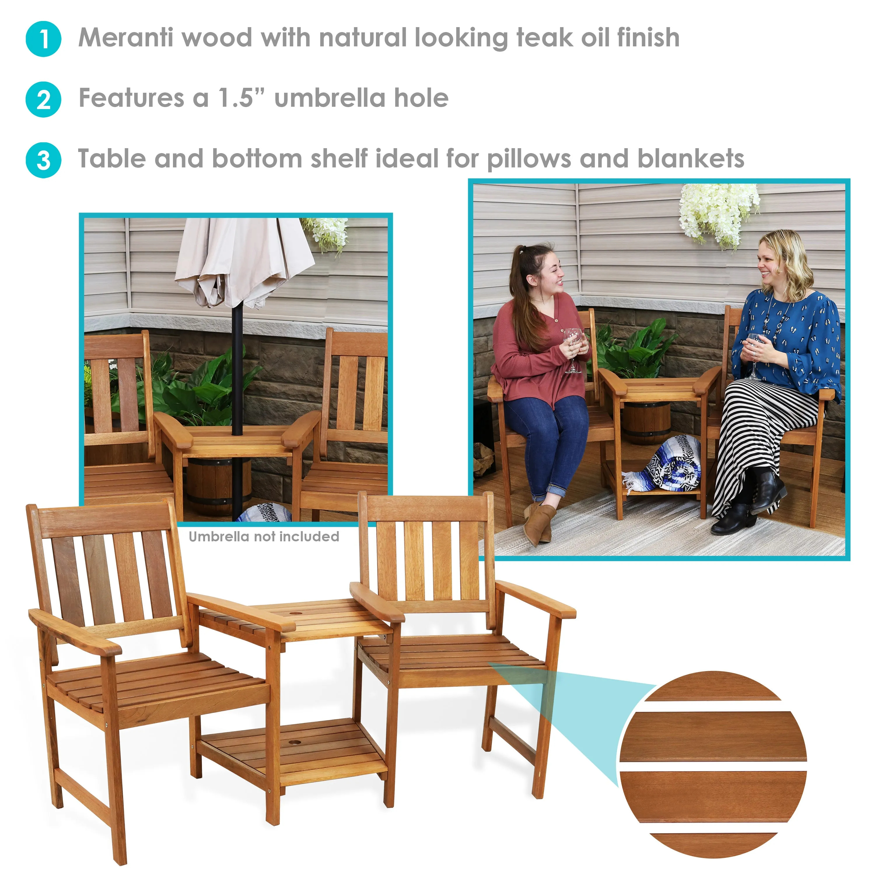 Sunnydaze Meranti Wood Jack-and-Jill Chairs with Attached Table - 65"