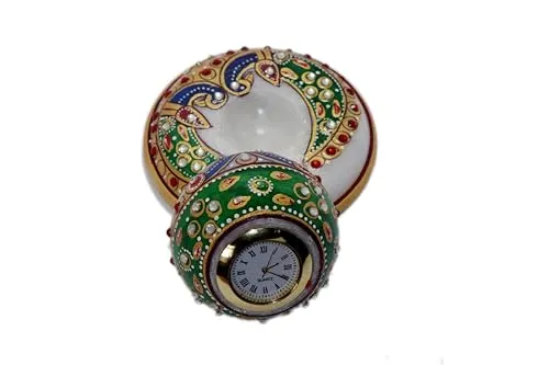 THE SAARTHI SPACE Marble Plain Pillar Watch Ethnic Design Marble Table Clock for Home/Office