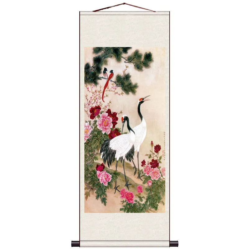 Traditional Chinese Painting Reproduction - Auspicious Crane Silk Scroll Hanging Painting