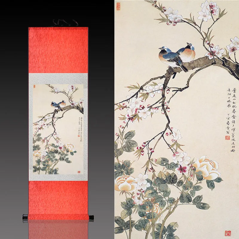 Traditional Chinese Paiting Reproduction Flower and Bird「Peace and Prosperity」Silk Scroll Hanging Painting Wall Decoration Art