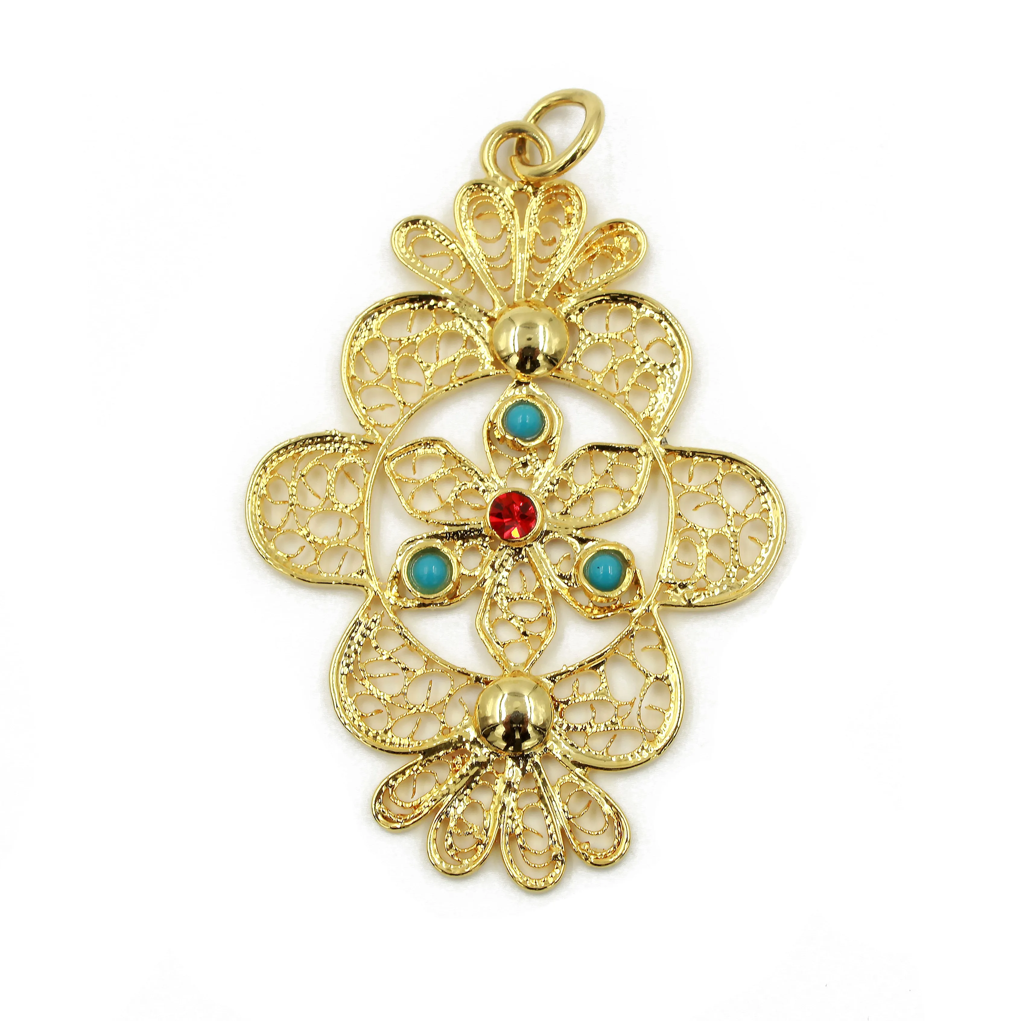 Traditional Portuguese Filigree Costume Medallion Pendant with 4 Stones