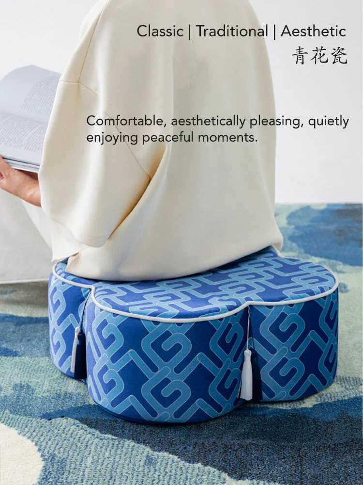 Unique Chinese Blue and White Meditation Cushion Pouf With Tassel