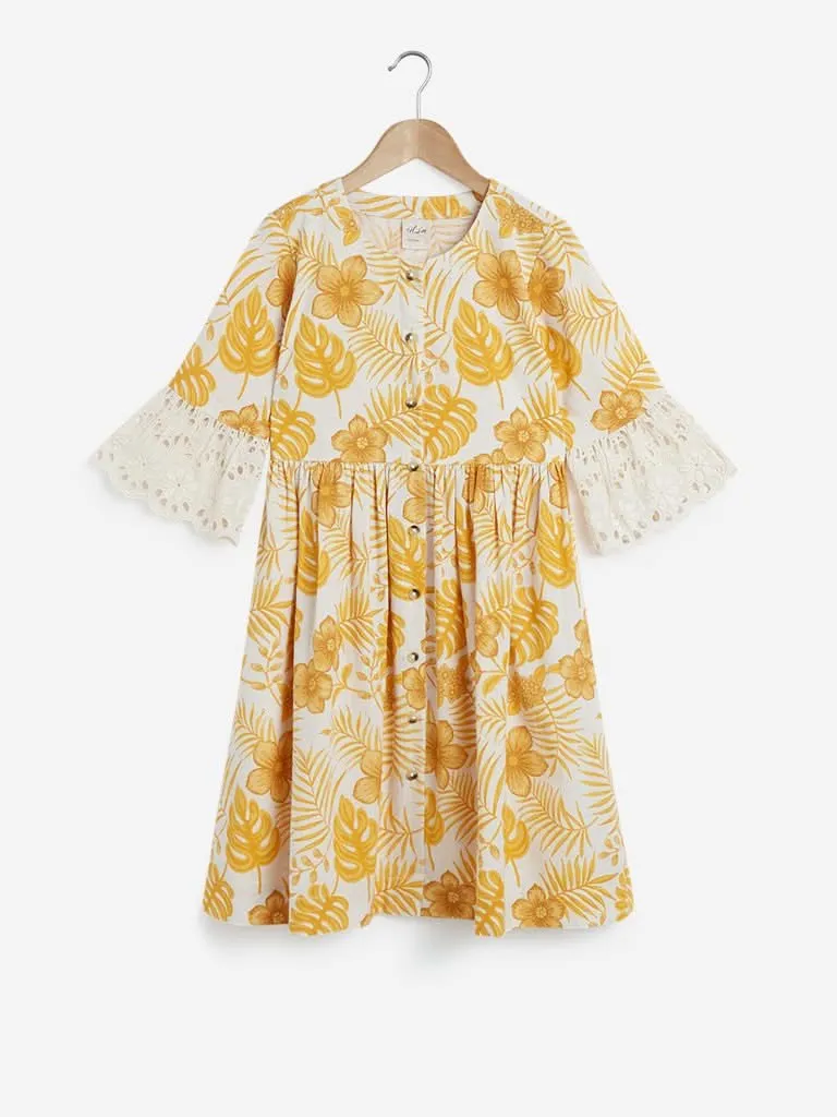 Utsa Kids Yellow Floral Fit-And-Flare Dress