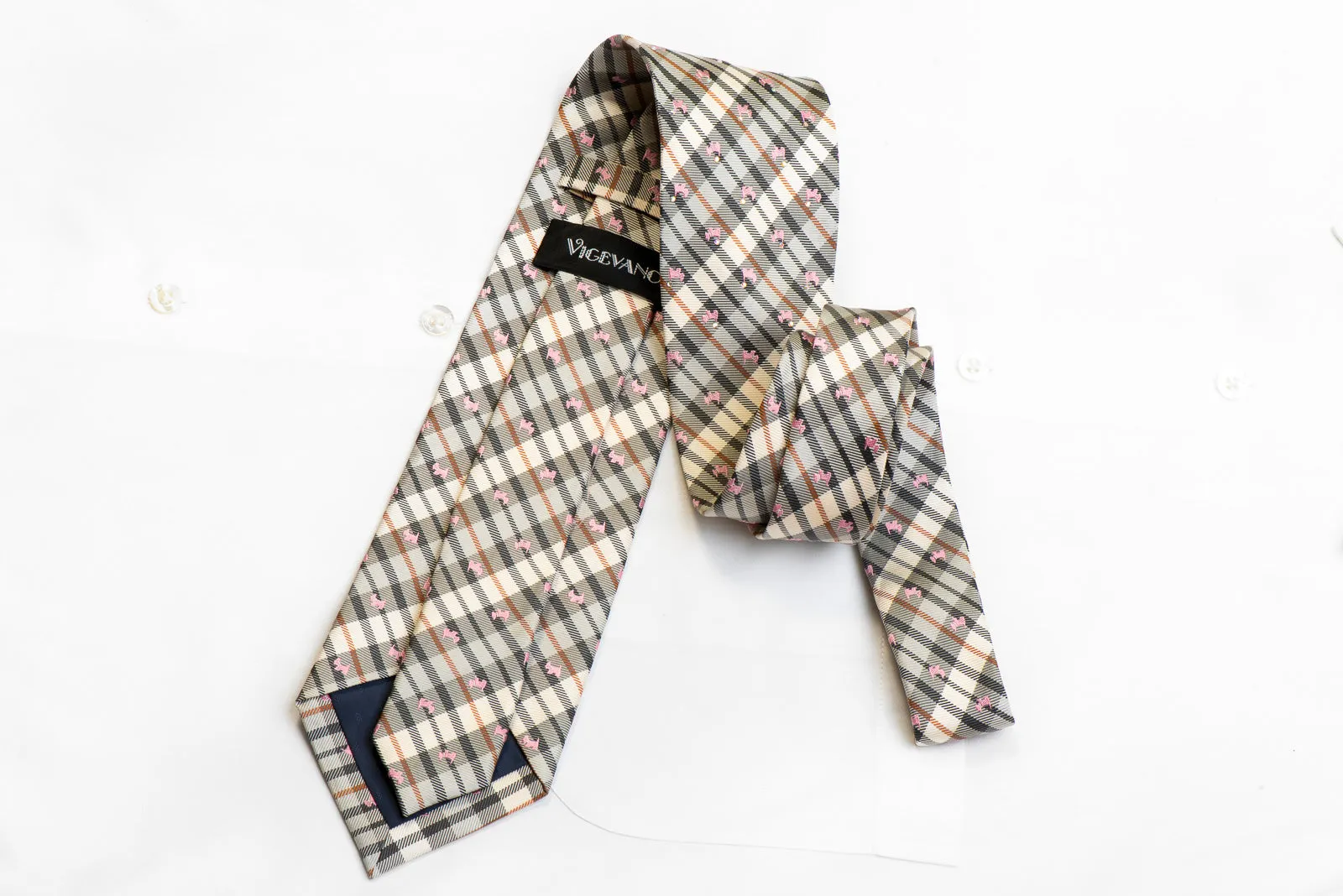 Vigevano Necktie Scotty Dogs On Silver Plaid With Rhinestones