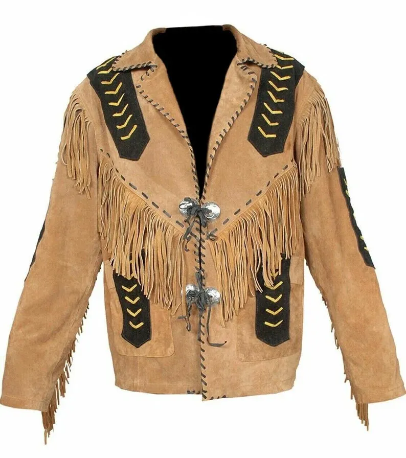 Western Jacket Men Brown & Black Suede Vintage Traditional Western Cowboy Leather Jacket Fringe Hand Made Red Indian Western Wear