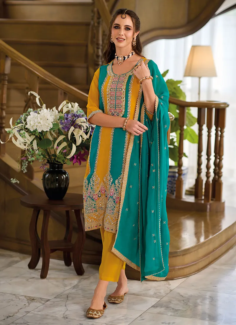 Yellow And Turquoise Thread Embroidery Pant Style Suit