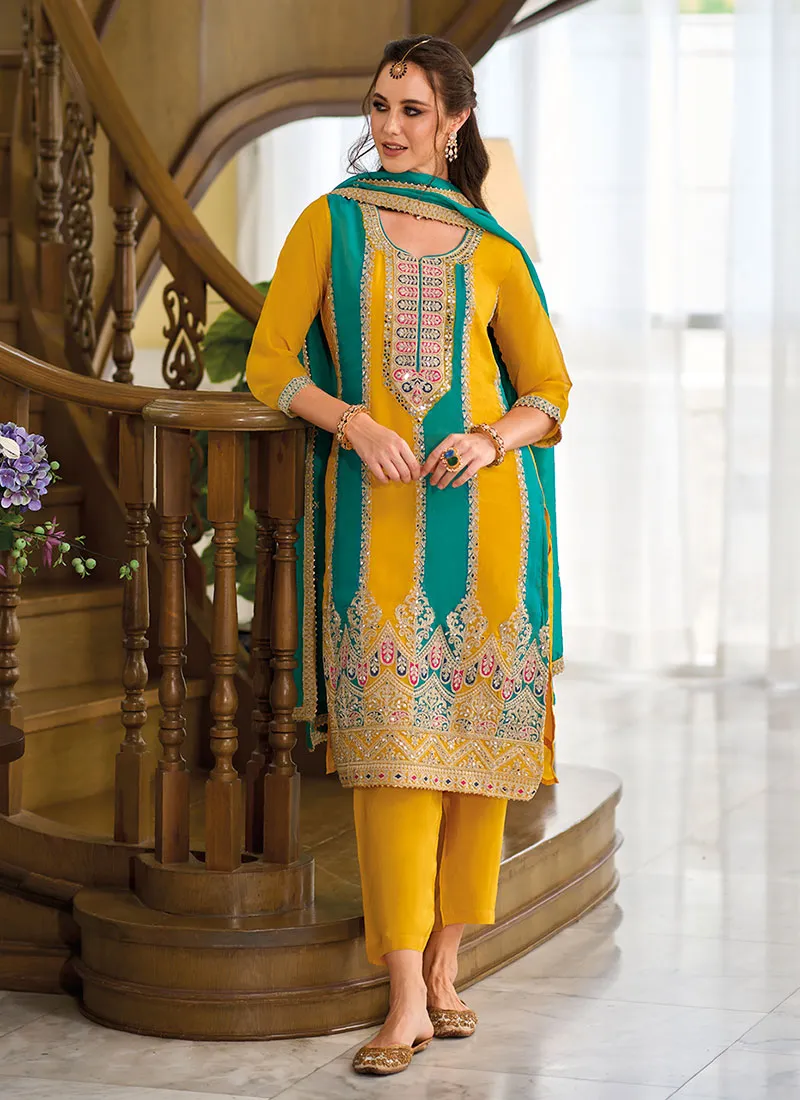 Yellow And Turquoise Thread Embroidery Pant Style Suit