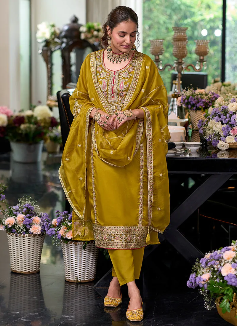 Yellow Traditional Embroidery Pakistani Pant Suit